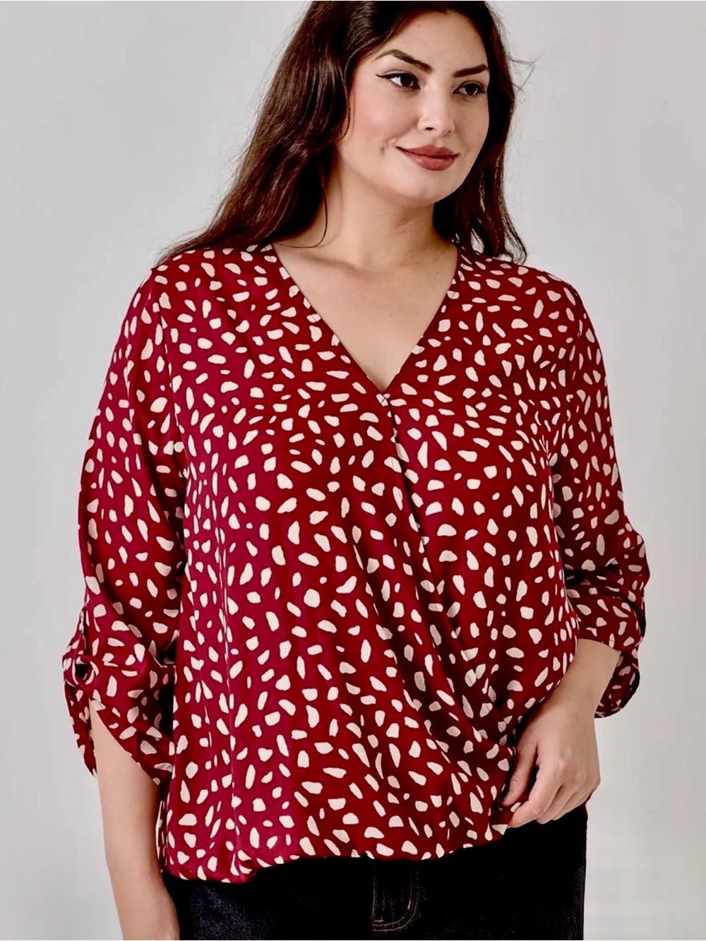 Women's Red Dotted V-Neck Blouse